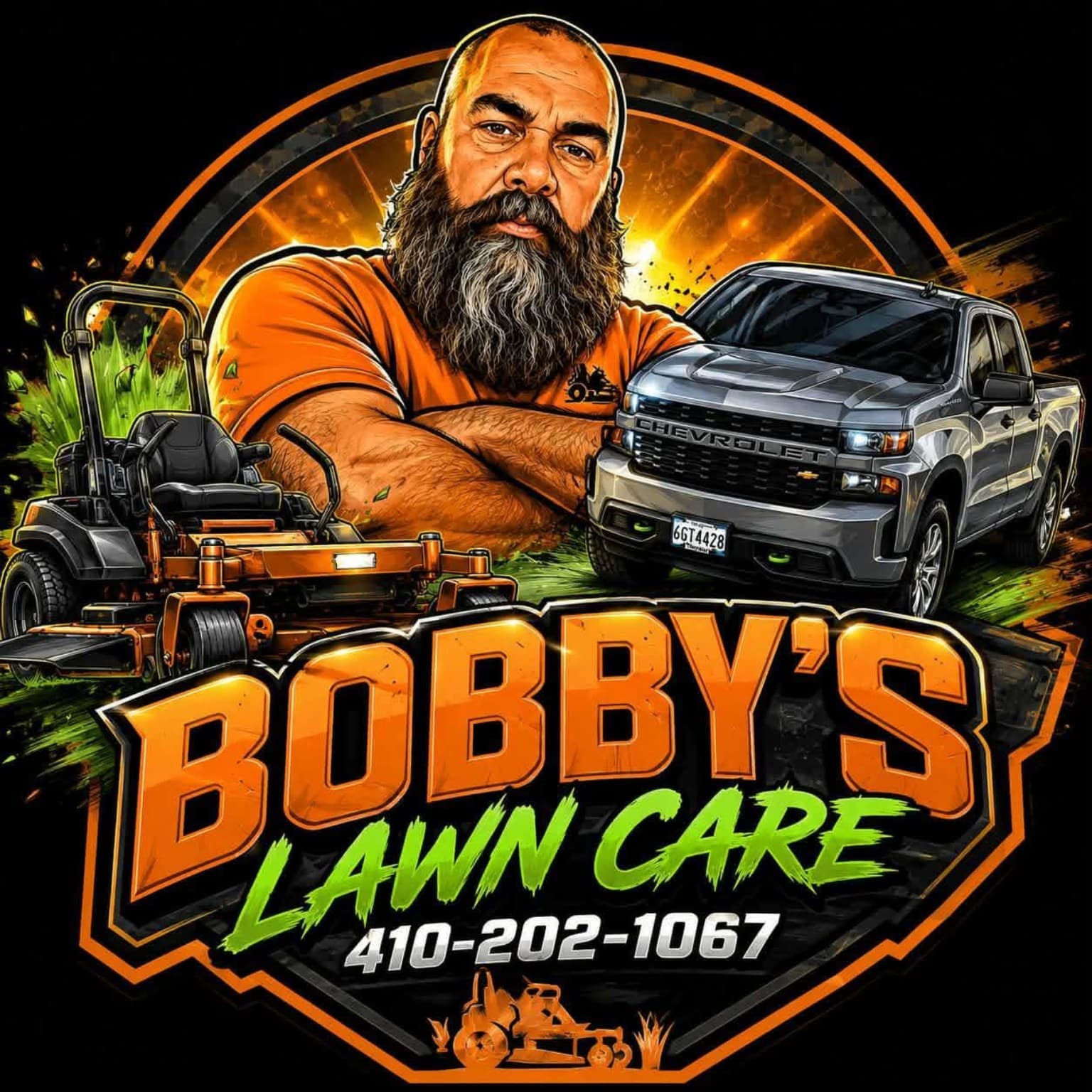Bobby with lawn care equipment and work truck